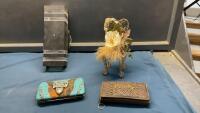 (2) WESTERN STYLE WALLETS, SCONCE LIGHT, METAL CHAIR DECOR PIECE