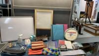 OFFICE SUPPLIES - WHITE BOARD, LOOSELEAF, COLORED STAPLES, PENCIL CASES, PAD OF PAPER, SCENTSY, CLOCK RADIO, STAMPEDE CLOCK