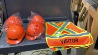 BOX OF SAFETY GEAR - (4) HARD HATS + (5) HIGH VIS VESTS