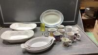 BOX W/MUGS, CASSEROLE DISHES, SERVING BOWLS
