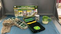 JOHN DEERE ITEMS - TRACTOR-0POLY BOARD GAME, SCARF, MUGS, TRAPPER STYLE HAT