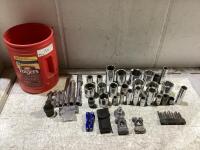 SHOP BUCKET W/ SOCKETS, DRILL BITS & MISCELLANEOUS