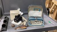 BOX W/VINTAGE BROTHER MANUAL TYPEWRITER, POLAROID LAND CAMERA