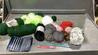 BOX OF YARN AND CROCHET HOOKS