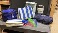BOX W/ WATER JUG, SMALL RV TYPE MATS BLANKET , COLLAPSABLE COOLER BAG