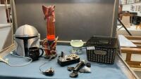 DRAGON LAVA LAMP, HELMET, SMALL CLIPPERS, SKULL MUG IN PLASTIC CONTAINER