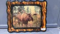 MOOSE PICTURE WITH CLOCK ON BURNT BOARD