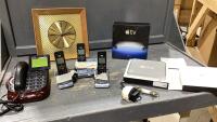 CORDED PHONE, CORDLESS PHONE, VINTAGE WALL CLOCK, APPLE TV UNIT