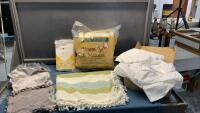 KING WHITE SHEET SET, STRIPED TABLECLOTH, (2) SMALL GREY PILLOW SHAMS, SATEEN PILLOWCASES, COTTON BATTING