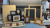 BOX OF PICTURE FRAMES & A CORK BOARD