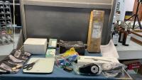 BOX W/ NEW ITEMS - SCALE, JR COAT TREE, SMAT SCREEN READING LAMP, PARTY PACK FOR SWITCH, INFRARED THERMOMETER, SMART DIMMER, SECURITY CAMERA