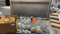 BOXFUL OF MUGS, DRINKING & WINE GLASSES, PLUS SOME MISC FORKS