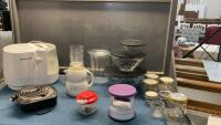 (2) BOXES W/ TUPPERWARE, HOT PLATE, PINT & 1/2 PINT JARS, STARFRIT HAMBURGER PRESS, HONEYWELL HUMIDIFIER