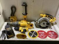 SHOP BOX OF CORDLESS DEWALT TOOLS W/ CIRCULAE SAW, DRILL, RECIP SAW, BAR LIGHT, FLASHLIGHT, BATTERY, CHARGER AND (3) SAW BLADES