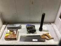 BOX OF BACK SAW WITH AIR HAMMER, SCREW DRIVER SET, FLASHLIGHT AND AIRBRUSH LINE CONNECTOR