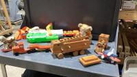 LIDDED TOTE FULL OF ASSORTED TOYS
