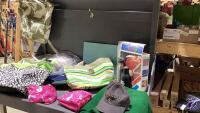 BOX OF ASSORTED BAGS + BACKPACKS, PING PONG SET, CUSHION