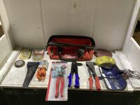 MILWAWKEE TOOL BAG W/ TUBE BENDER, EXTENSION CORD, VERNIER CALIPER, WIRE WHEEL BRUSHES & MISCELLANEOUS