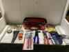 MILWAWKEE TOOL BAG W/ TUBE BENDER, EXTENSION CORD, VERNIER CALIPER, WIRE WHEEL BRUSHES & MISCELLANEOUS