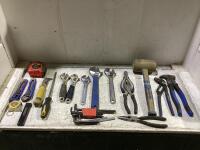 SHOP BOX W/ PLIERS, WRENCHES, BOX CUTTER, TAPE MEASURE, RAZOR AND MISC
