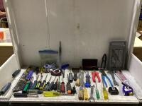 SHOP TOTE W/ FILES, SCREW DRIVERS, WRENCHES, TAPE MEASURES & MISCELLANEOUS