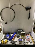 SHOP BOX W/ COMPRESSOR INSTALLATION KIT, GAUGES/HOSES, TAPE MEASURE, MIGHT-D-LIGHT, CAULKING GUN, 10" BASTARD FILE & MISCELLANEOUS