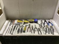 SHOP BOX W/ PLIERS, MEASURING TAPES, WRENCHES, CHISELS, BOX CUTTER & MISCELLANEOUS
