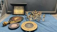 GOOD LIDDED TOTE W/ WILLOW TREE ORNAMENTS, BLESS THIS HOUSE SIGN/SHELF, (3) WOOD DECORATIVE PLATES