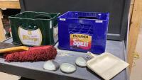 (2)PLASTIC CRATES W/CAR DUSTER + DUST PAN