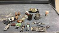 BOX W/SILVERPLATE BABY CUP, MODEL CAR, METAL CASE TRACTOR