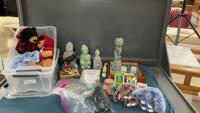 (2) SMALL TOTES OF DECOR ITEMS - X & O GAME, BUDDHA STATUES, CRAFTING ITEMS, STUFFIE BEARS