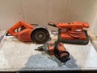 SHOP BOX OF CORDED TOOLS W/ SKILSHOP DRILL, BLACK & DECKER DUAL ACTION SANDER/WORK WHEEL