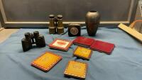 VINTAGE ITEMS - ANTIQUE BRASS BINOCULARS, CIGARETTE TINS, CLOCK, METAL URN