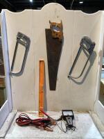 SHOP BOX W/ (3) ASSORTED SAWS, LEVEL, TUNE-UP ANALYZER & BOOSTER CABLES