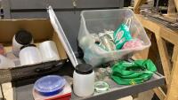 BOX + TOTE W/LARGE PLASTIC TUBS, FOOD STORAGE CONTAINERS , PAPER BOWLS, PLASTIC GLASSES + CUTLERY