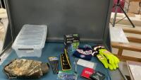 SMALL TOTE W/ CAMO HAND WARMER, REFLECTIVE WINTER GLOVES, &ldquo;TALLER&rdquo; LED SPOTLIGHT, SMALL PRECISION TOOL SET, NEEDLE FILES