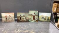 BOX W/ (4) CERAMIC TILES WITH VINTAGE FARMING SCENES