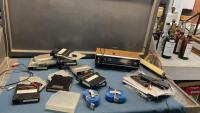 BOX W/ VINTAGE CLOCK RADIO, EMPTY CD STORAGE CASES, TIE DOWN STRAPS, MISC REMOTES
