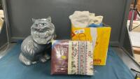 GREY CERAMIC CAT, NEW TWIN SHEET SET, TOWEL RAGS