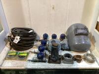 SHOP CRATE W/ WELDING HELMET, RUBBER BELTS, JACK STAND, WEED EATER REPLACEMENT SPOOL & MISCELLANEOUS