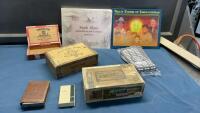 SASKATCHEWAN BOOKS, CIGAR BOXES, (2) SMALL VINTAGE COIN BANKS