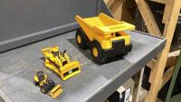 BOX W/ YELLOW DUMP TRUCK, CAT DOZER + JOHN DEERE METAL PAYLOADER