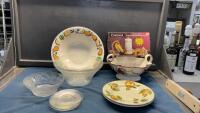 LARGE CERAMIC BOWL, LARGE GLASS BOWL, PLATTER, (2) PLATES, CORTONA 5 PC WOODWARE SET