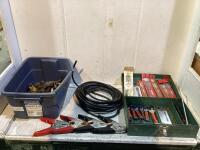 SHOP TOTE W/ TOOL BOX OF ASSORTED DRILL BITS/JIG SAW BLADES, BOOSTER CLAMPS, CABLE, HAMMER HOLE PUNCH & MISCELLANEOUS