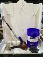 SHOP BUCKET OF MISC W/ HOCKEY PUCKS, TOW STRAP, BRUSH, PVC PIPE FITTINGS & TRAILER HITCH