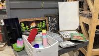 (2)BOXES- TUPPERWARE STORAGE CONTAINERS + GLASSES, CHRISTMAS COOKBOOK, WALL DECOR