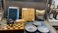 MISC HOUSEHOLD ITEMS -DIGITAL SCALE, LAPTOP COOLER, CHESS GAME, (3) BLUE PATTEREND BOWLS, NECK RESTS, NOOIE OUTDOOR CAM
