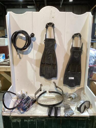 SHOP BOX OF MISC W/ FLIPPERS, GOGGLES, BMX GRIPS, (2) QUICKTRONIC & PROPANE HOSE