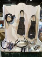 SHOP BOX OF MISC W/ FLIPPERS, GOGGLES, BMX GRIPS, (2) QUICKTRONIC & PROPANE HOSE