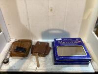 SHOP BOX OF (2) LEATHER TOOL BAGS & (2) MIRROR TILES
